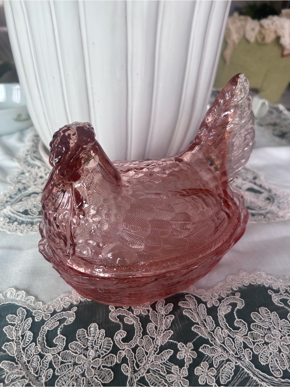 Pink Glass Hen on Nest Candy Dish